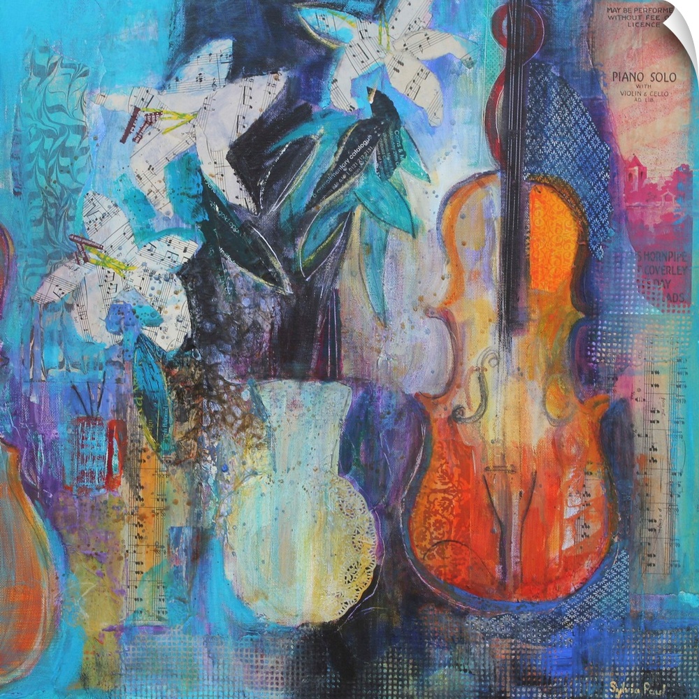 Contemporary still-life painting of flowers in a vase beside a violin.