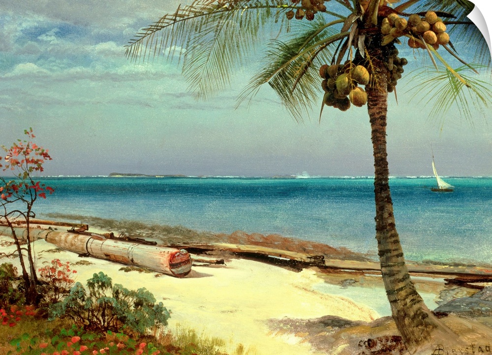 Horizontal classic art painting on a large wall hanging of a coast line, a large palm on the beach, as well as pieces of w...