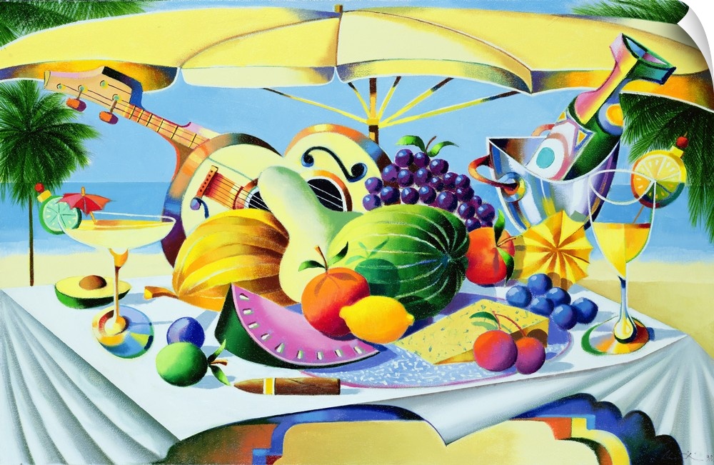 Contemporary painting of a still life of fruit and guitars.