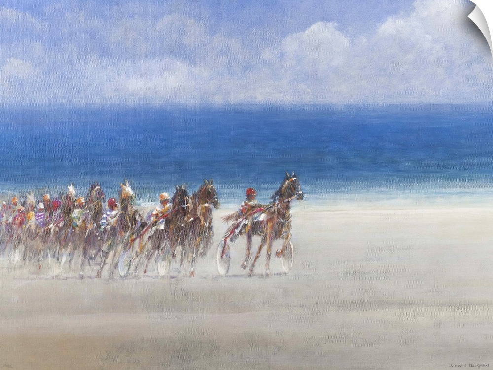Contemporary painting of a horse cart race on the beach in Brittany, France.