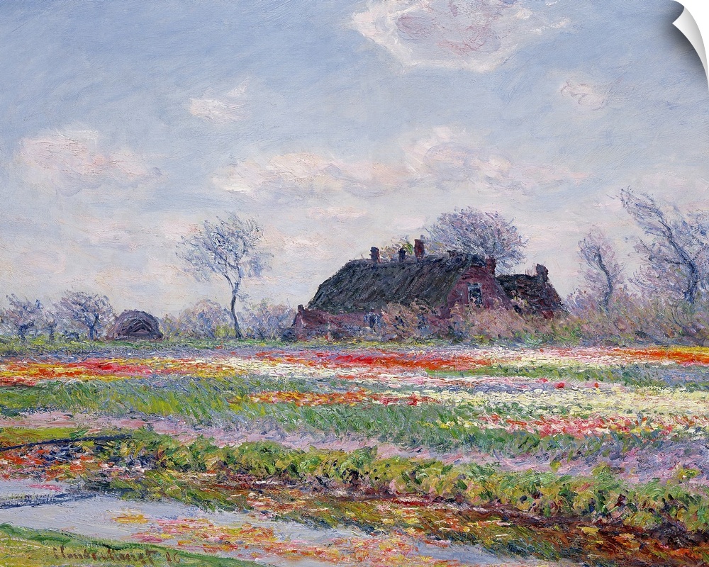 Huge classic art depicts a field in the Netherlands covered in an array of brightly covered flowers.  Within the field is ...