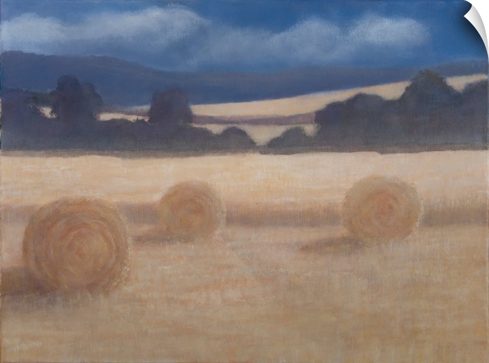 Contemporary painting of a field in the summer with two rolled up bales of hay.