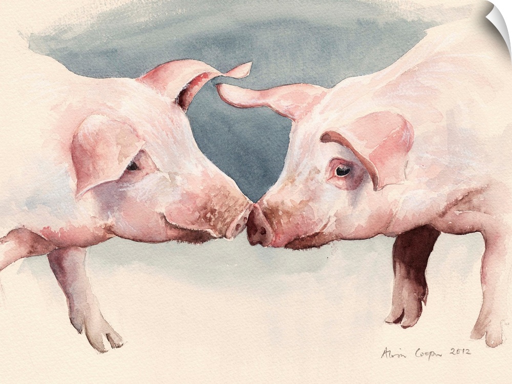 Contemporary painting of two pigs touching snouts.
