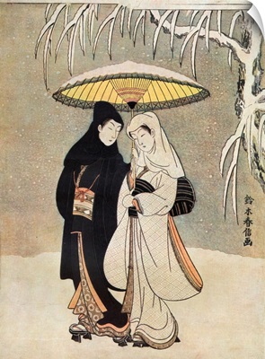 Two Lovers In Snow Beneath Umbrella