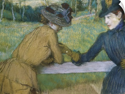 Two Women Leaning on a Fence Rail