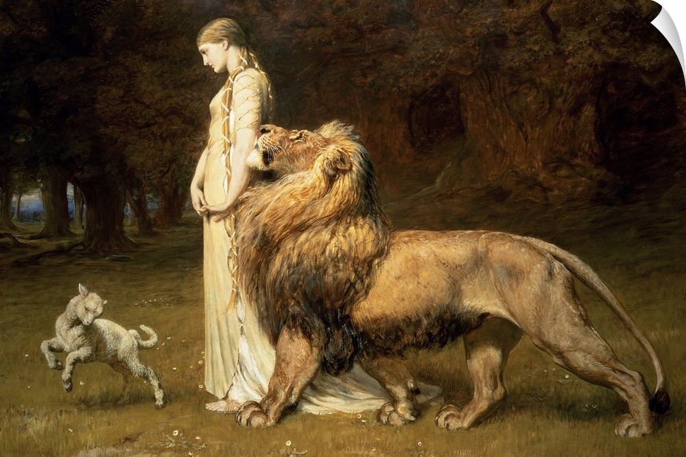 This classic art piece shows a woman standing in the forest with a full grown lion to her side and a small sheep jumping i...