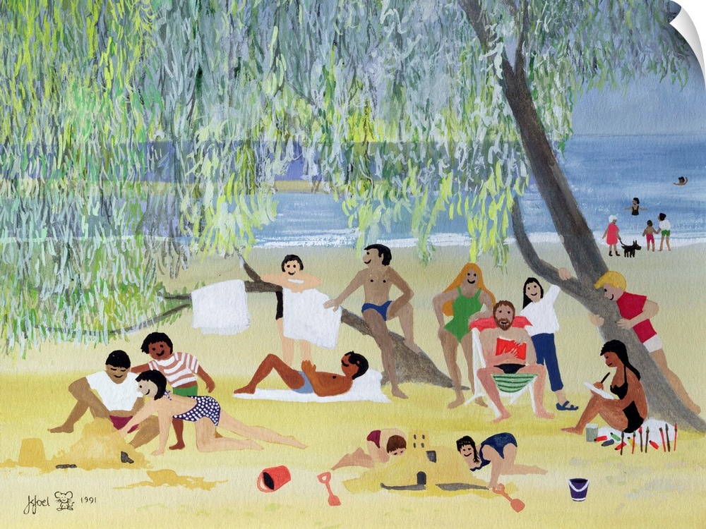 Contemporary painting of people resting on the beach under a tree.