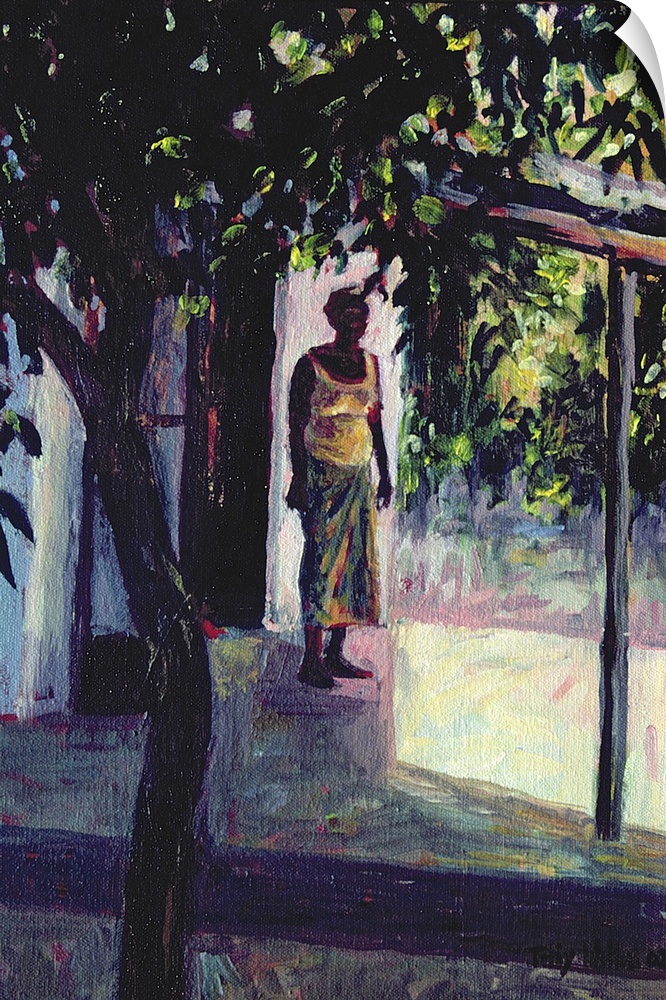 Big vertical figurative painting of an African American woman in a skirt and tank top, standing beneath a canopy that sits...