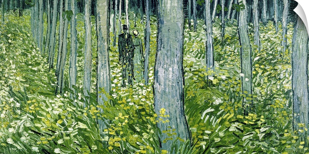 1890 Vincent Van Gogh painting of a man and a woman in a forest of trees and greenery.