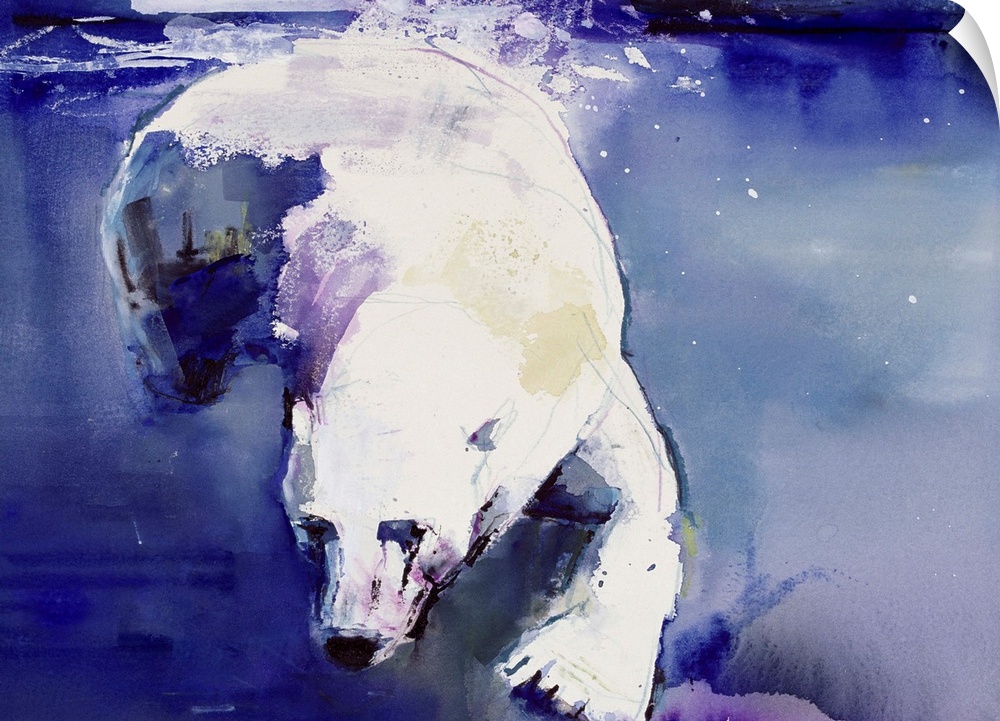 A large contemporary piece of artwork of a polar bear swimming in cool toned water.