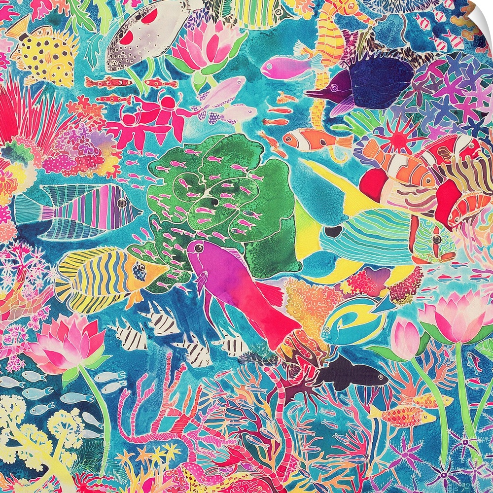Contemporary painting of several tropical fish in a coral reef.