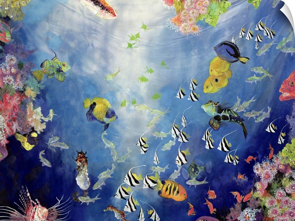 Large, landscape artwork of a colorful, underwater scene with a large variety of tropical fish surrounded by vibrant clust...