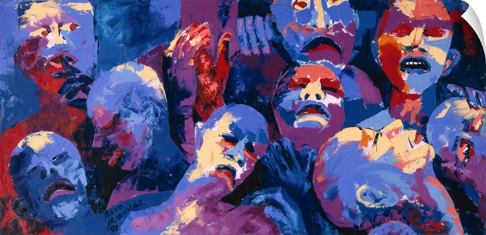 Oil painting on canvas of people suffering from a horrible disease in a group.