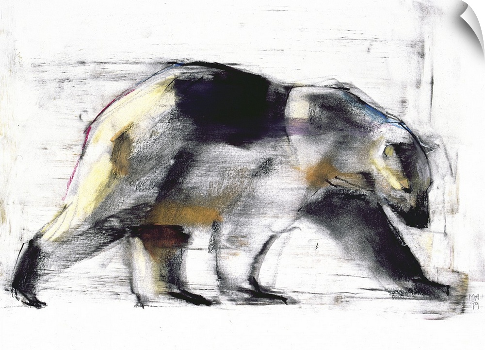 Horizontal artwork on a large wall hanging of a streaky charcoal sketch of a polar bear walking.