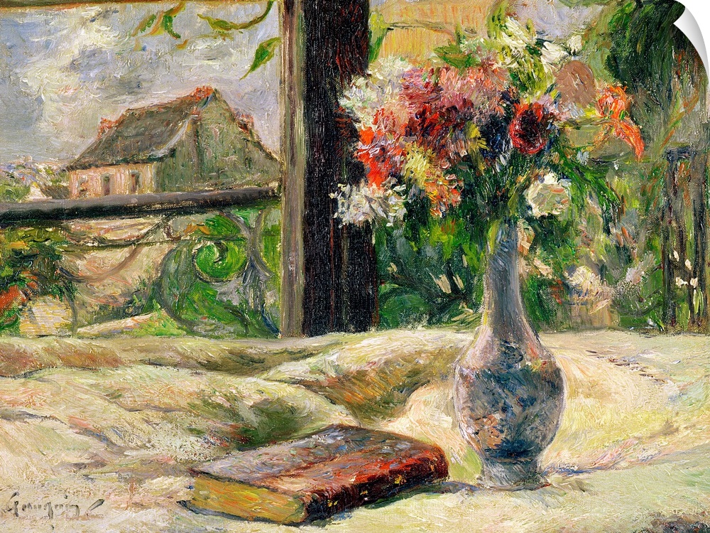 Large impressionalistic painting of a vase of flowers by a book near a window with a cottage outside.