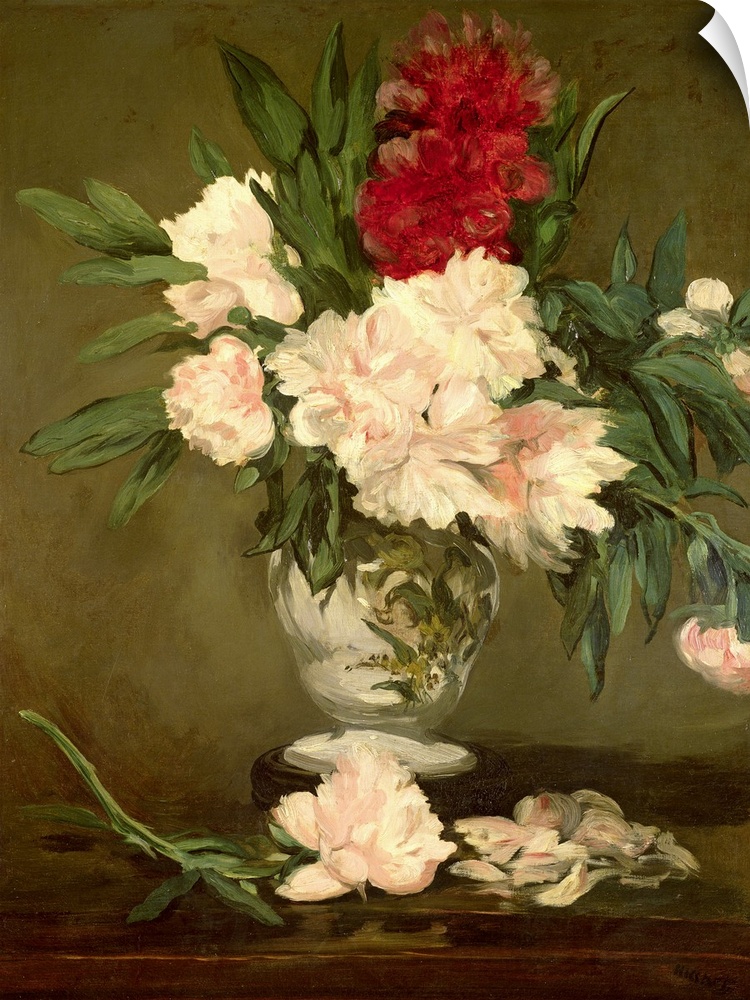 Painting of a bouquet of flowers in a vase that is sitting on a table that has fallen petals and leaves on it.