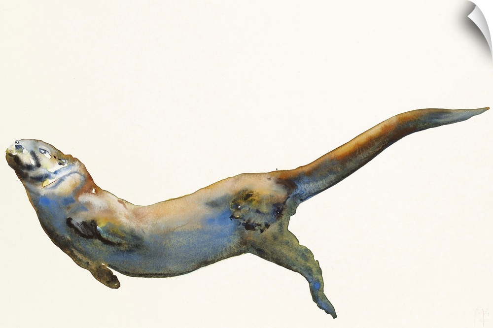 Contemporary artwork of a sea otter from under water.