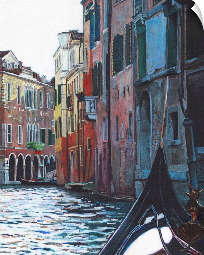 Contemporary painting of a view of Venice from the seat of a gondola.