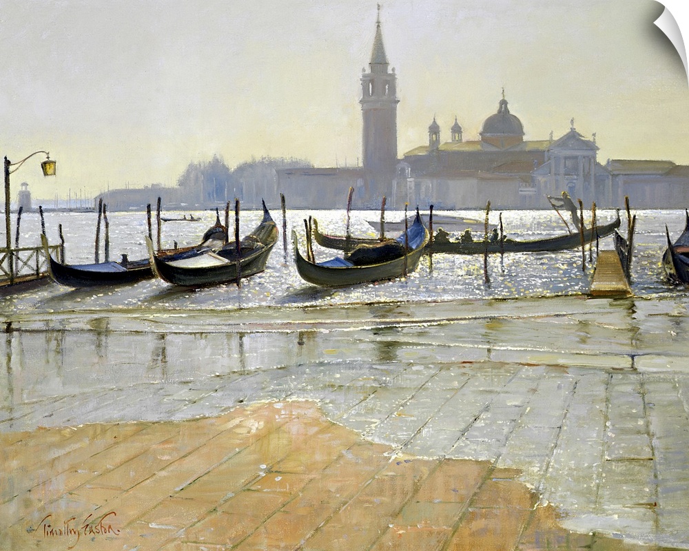 Horizontal painting on a big wall hanging of gondola boats lined up where brick ground meets the waters edge, as the sun r...
