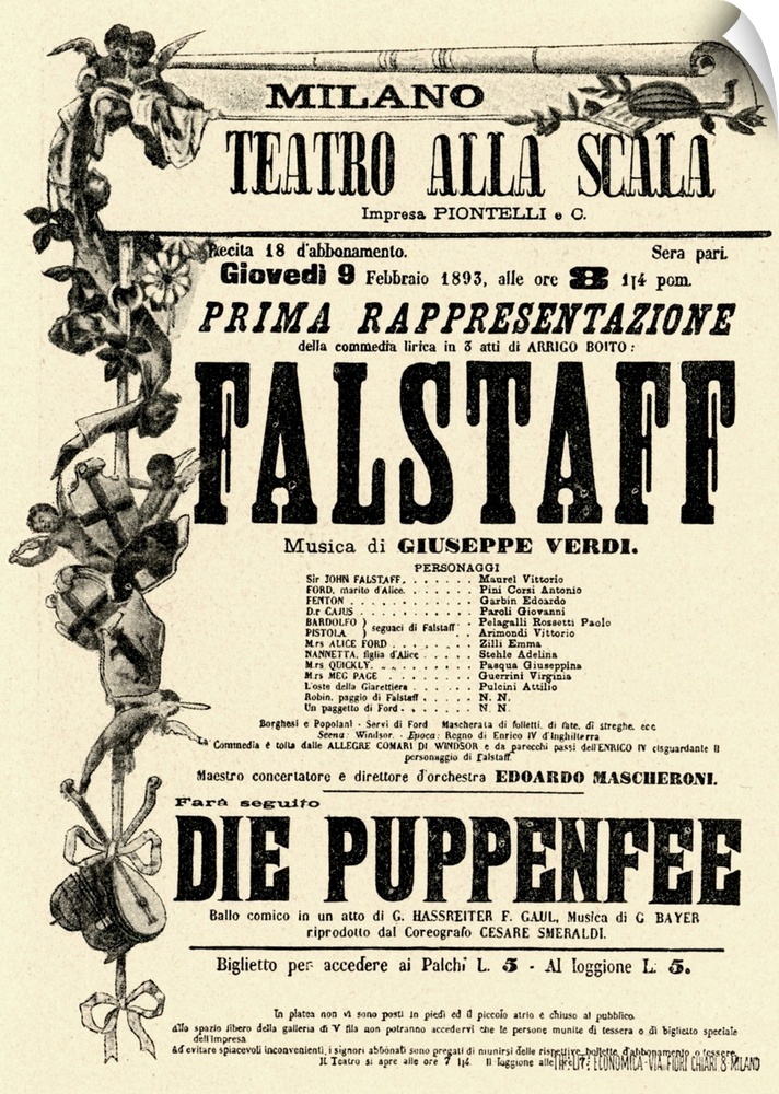 VERDI, G Falstaff- announcement of first performance of Falstaff 9th February, 1893. Italian composer (1813-1901). Based o...