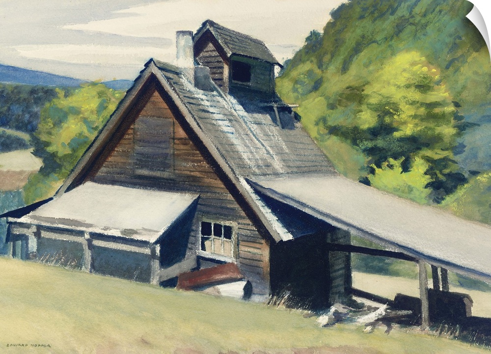 Classic art painting of a wooden house in Vermont on Wagon Wheels farm with mountains lining the background.