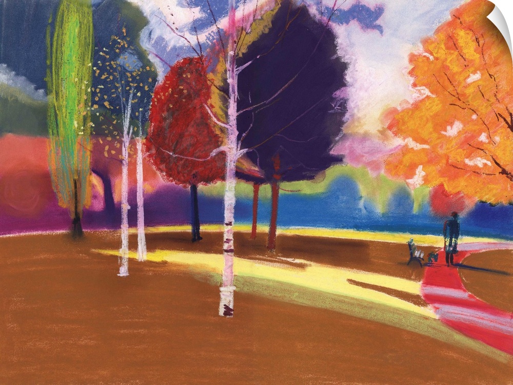 Contemporary painting of a park with vibrant colorful trees.