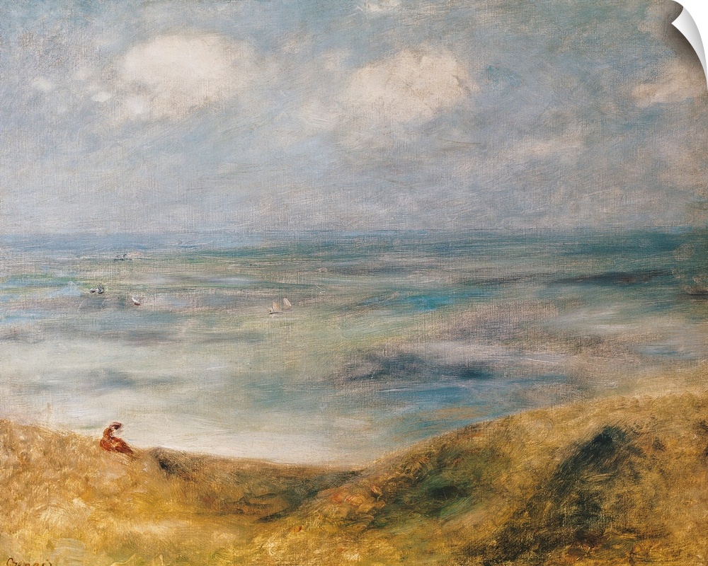 Large classic art depicts a lone individual sitting on the side of a hill while overlooking the vast ocean in the background.
