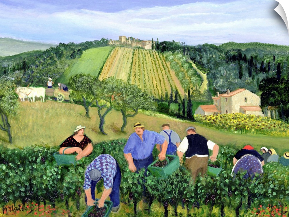 Contemporary painting of farmers in a vineyard in Tuscany.