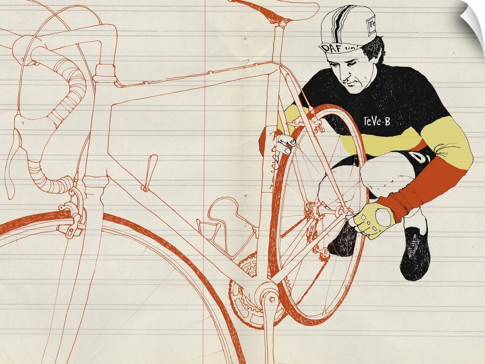 Contemporary illustration of a cyclist knelt down beside his bike inspecting the mechanisms.