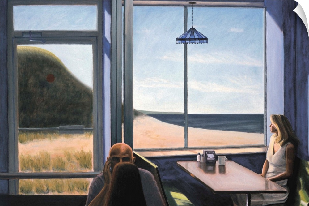 Contemporary painting of a woman seated at a diner looking out a window at the ocean.
