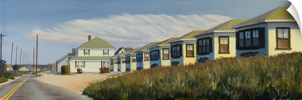 Contemporary painting of a row of identical houses along a road in the suburbs.