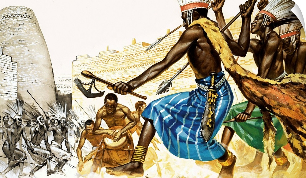 The Story of Africa: The Bantu. A war-dance being performed in the ritual compound at Zimbabwe, round the sacred drums of ...