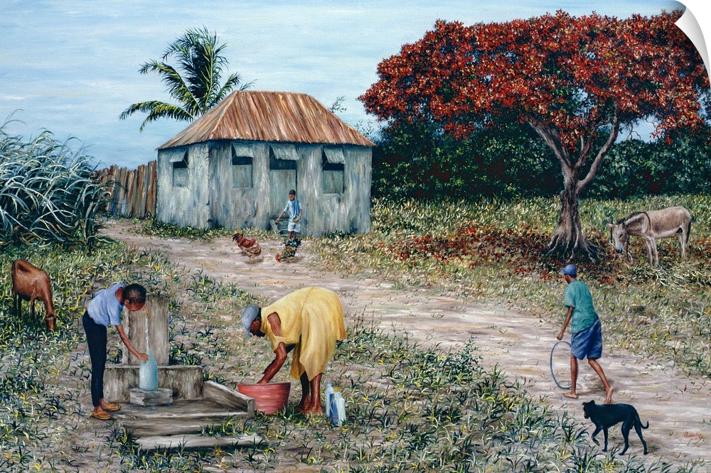 Large artwork of a woman drawing water from a well, a woman washing clothes in a bucket, and two children playing amongst ...