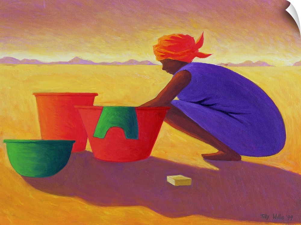 Big, landscape painting of and African-American woman crouched down while washing laundry in a large bin.  Two smaller bin...