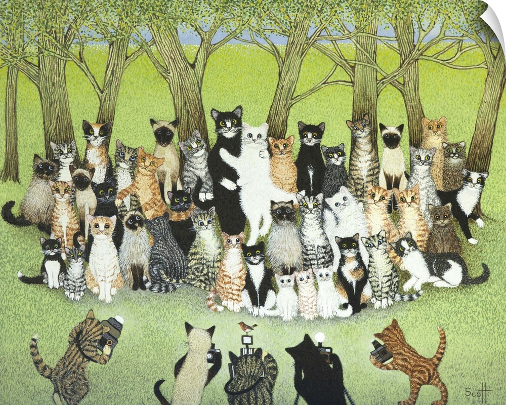 Contemporary whimsical artwork of a cat wedding ceremony in a forest.