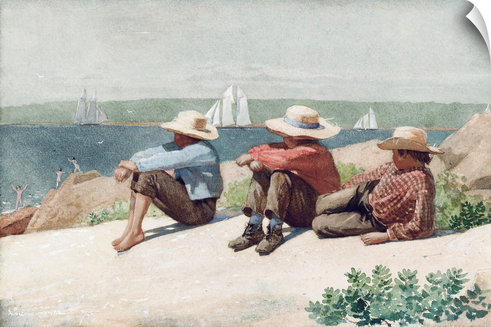 A serene coastal scene of three boys wearing straw hats and sitting on a large rock watching sailboats in the distance.
