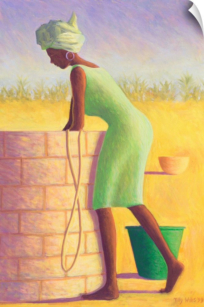 Contemporary painting of a woman fetching water from a stone well.