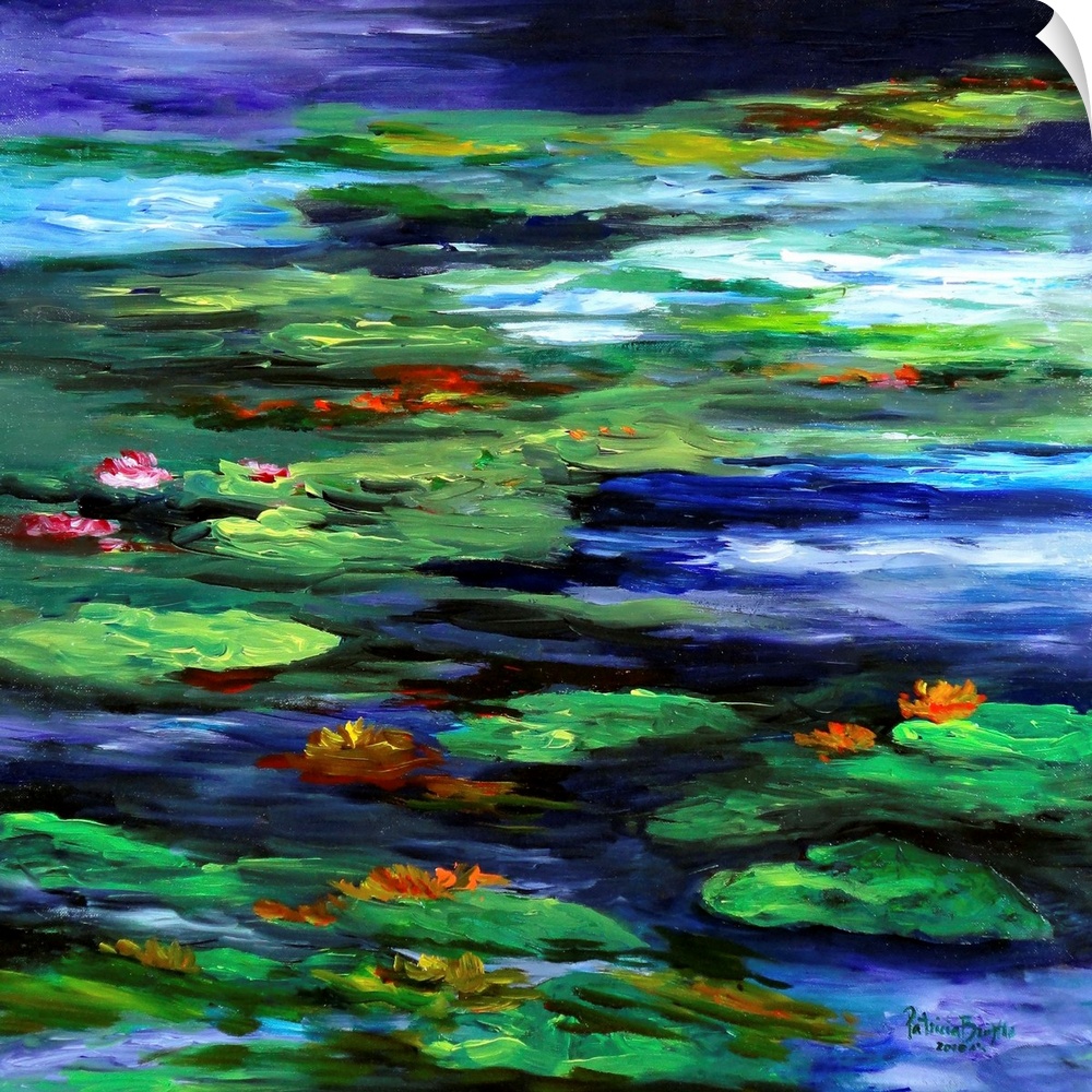 Contemporary painting of a pond with water lilies.