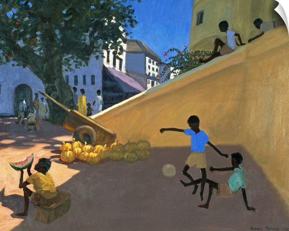 Giant contemporary art portrays a group of children playing and eating watermelons in a street found within East Africa.  ...