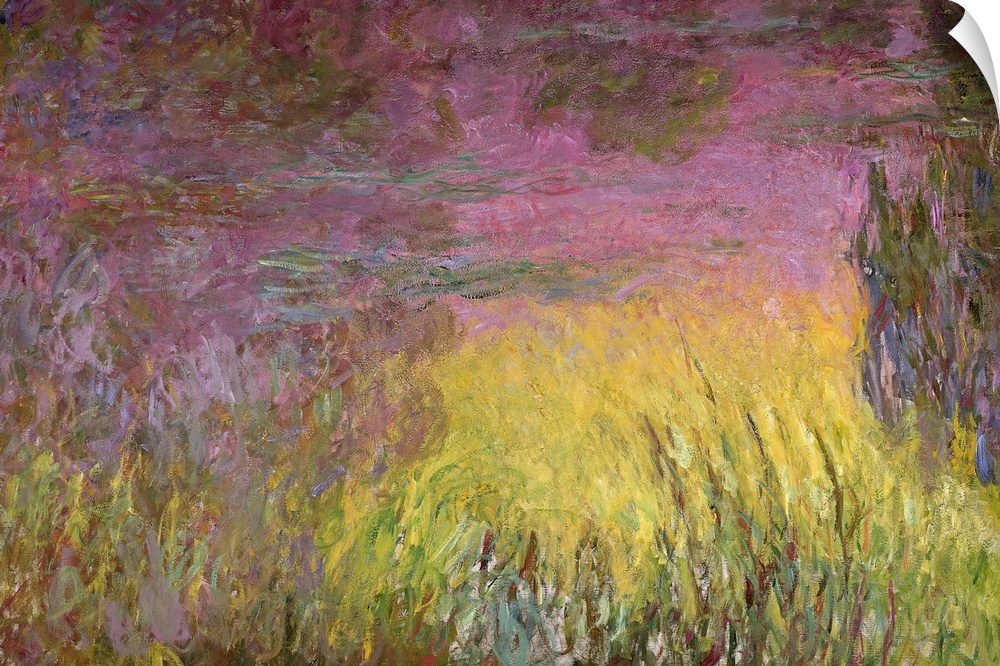 Huge classic art piece includes flowers gently blowing in a breeze within a field as the sun begins to set.