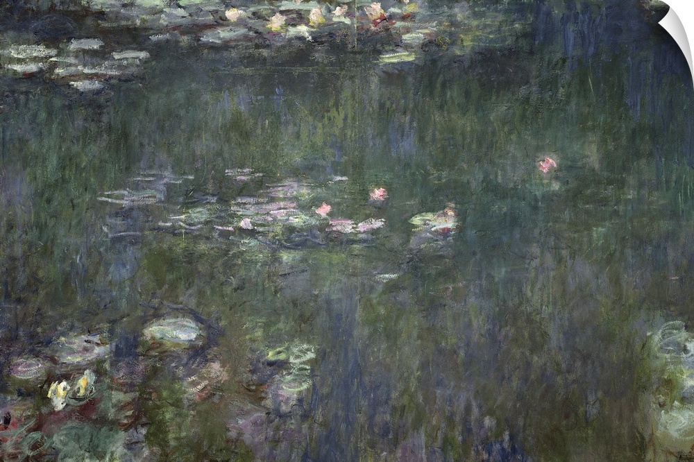 Pastel colored oil painting of flowers and lily pad on lake.
