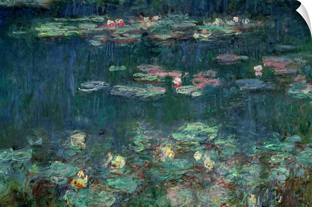Part of a triptych this Impressionist painting shows plants floating on the surface of a garden pond.