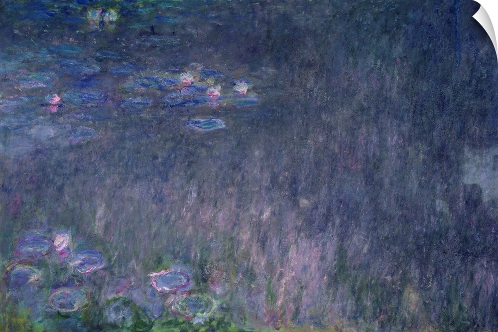 Muted painting of flowers and lily pads in water.