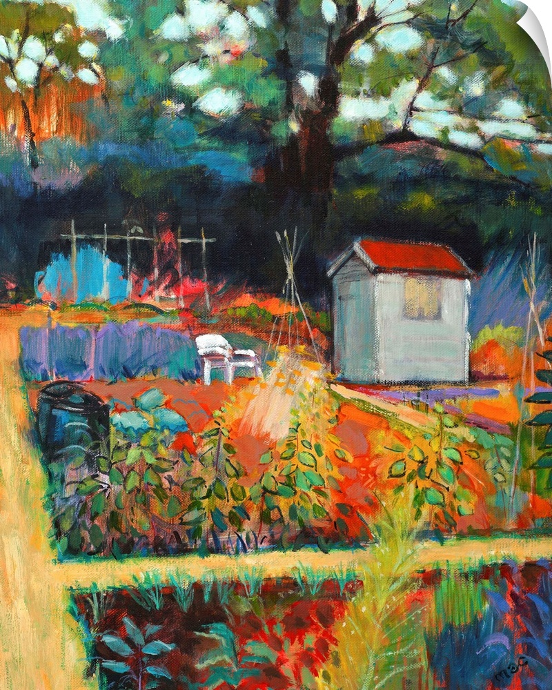 Contemporary painting of a colorful garden scene.