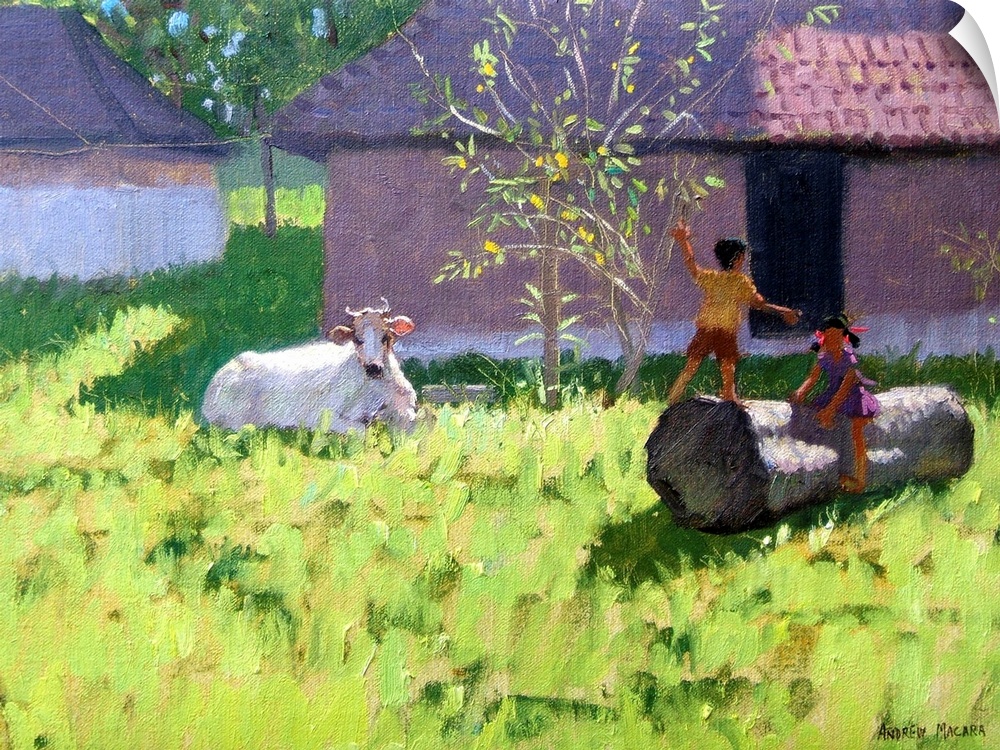 White Cow and Two Children, Mankotta Island, Kerala, India, originally oil on canvas.