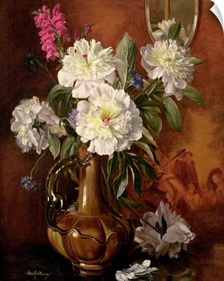 White Peonies in a Glazed Victorian Vase