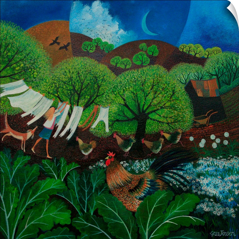 Contemporary painting of a woman hanging laundry with chickens nearby.
