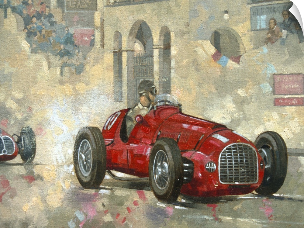 Large artwork of a man driving by groups of people in a red race car with confetti falling from the crowd.