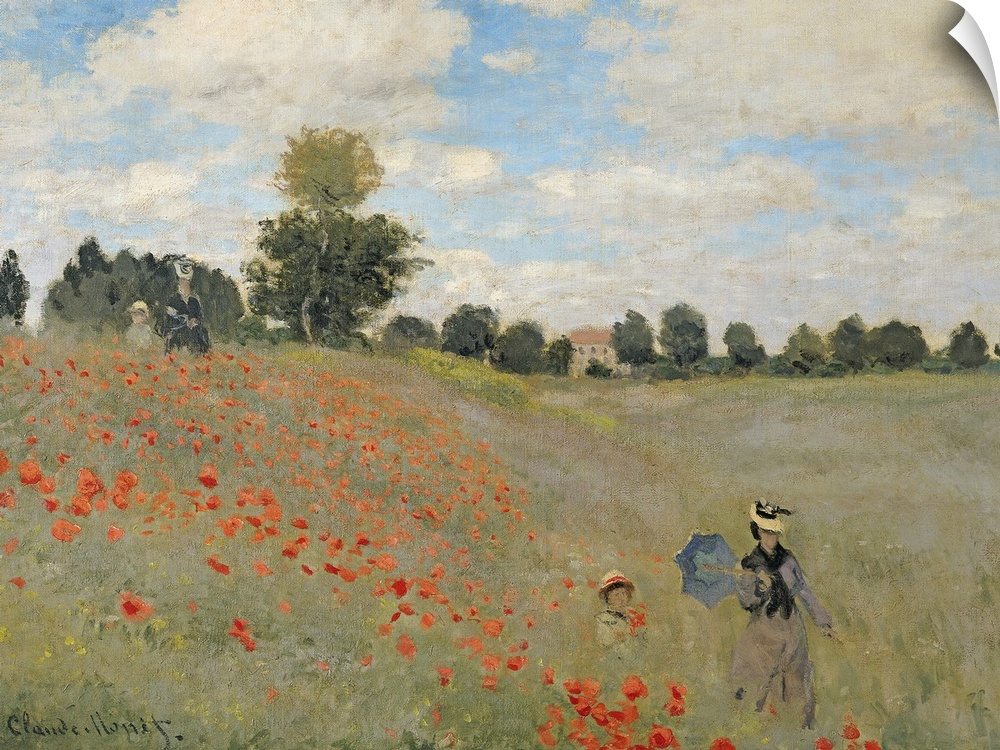 Painting of a mother a child walking through a flower meadow under a cloudy sky.