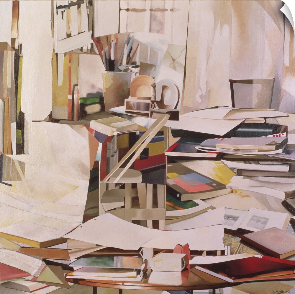 Contemporary still life of a messy desk covered in books and papers.